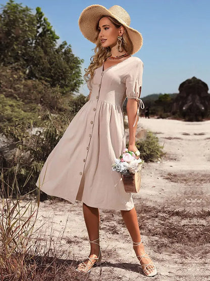 V-Neck Linen Blend A-Line Midi Dress | Wovetsa