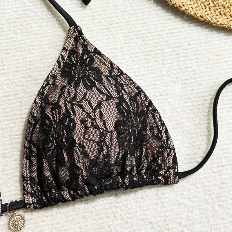 Lace Contrast 3-Piece Bikini Set | Wovetsa