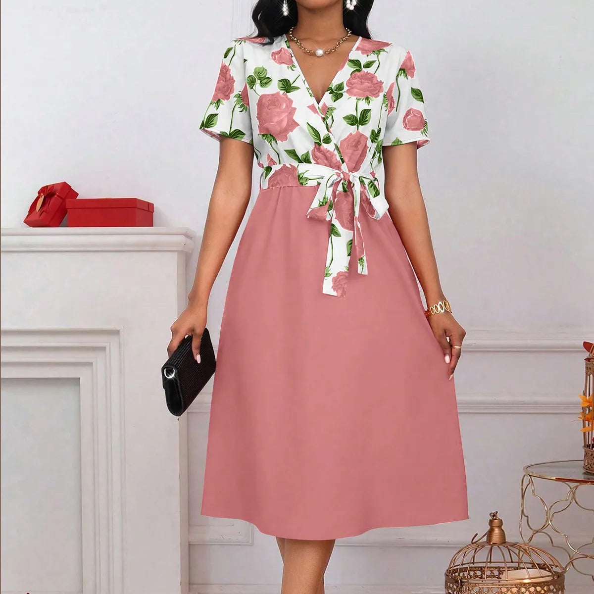 Women's Floral Print V-Neck Tie Waist Midi Dress | Wovetsa