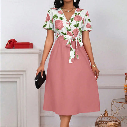 Women's Floral Print V-Neck Tie Waist Midi Dress | Wovetsa