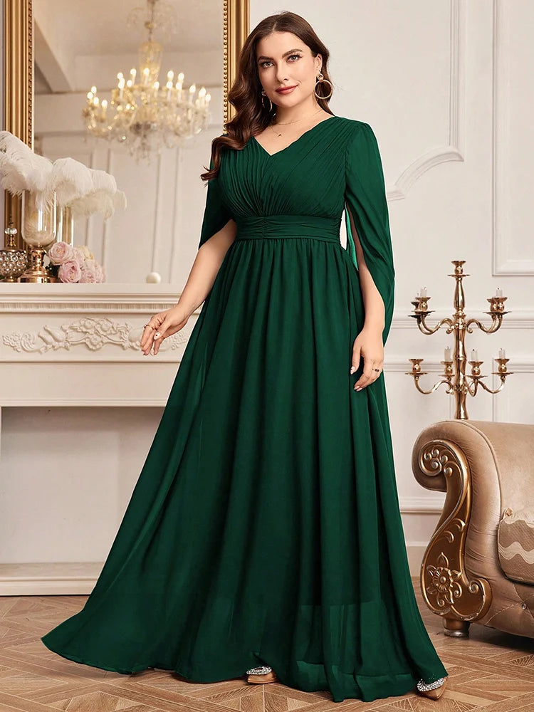 Plus Size V-Neck Flare Sleeve Formal Maxi Dress | Wovetsa