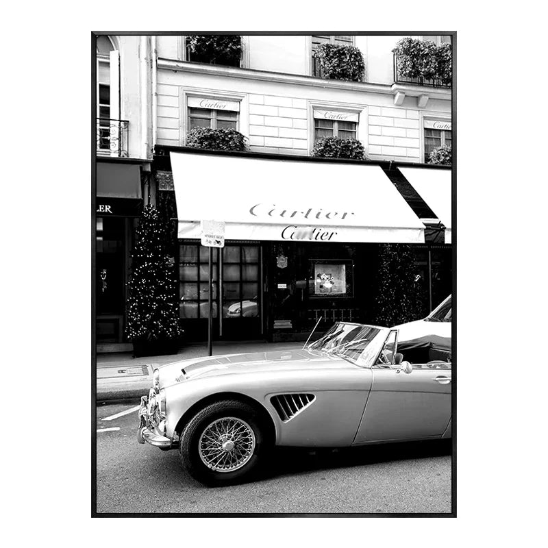 Black & White Luxury Car Paris Street Canvas Wall Art | Wovetsa