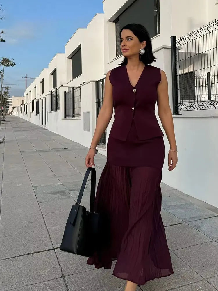 Women's Knit V-Neck Vest & Long Skirt Two Piece Set | Wovetsa