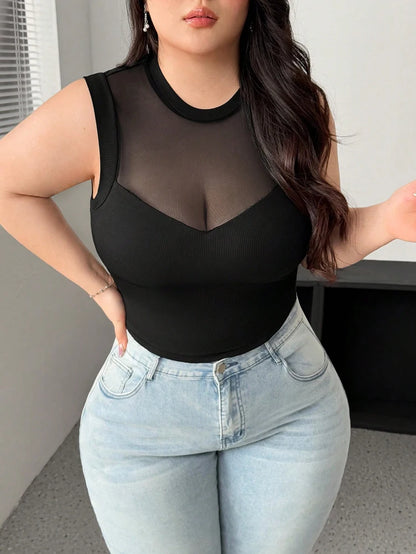 Plus Size Mesh Splicing Sleeveless Blouse | Wovetsa