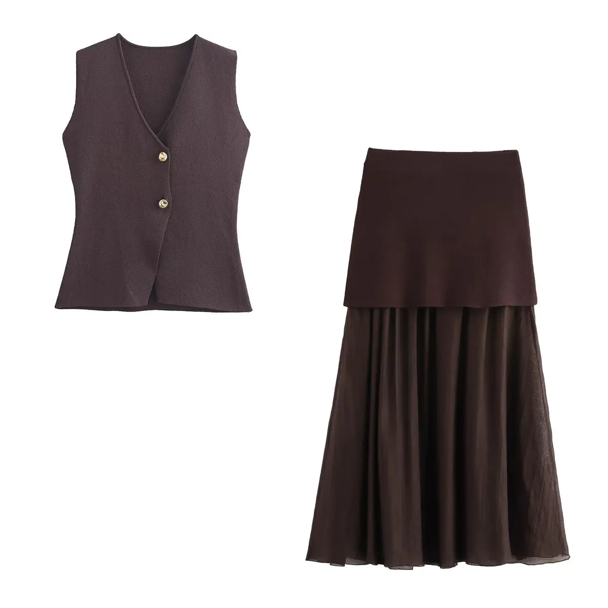 Women's Knit V-Neck Vest & Long Skirt Two Piece Set | Wovetsa