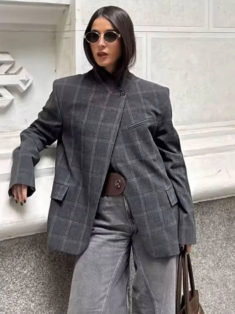 Plaid Stand Collar Blazer | Wovetsa