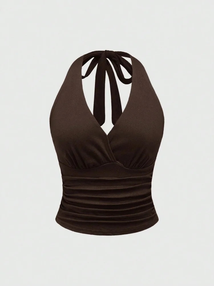 Y2K Backless Halter Ruched Crop Top | Wovetsa