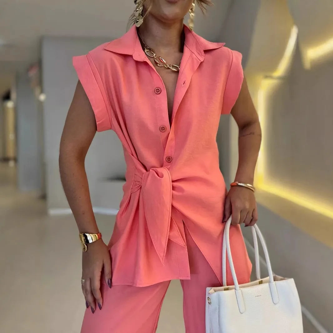 Sleeveless Shirt & Wide-Leg Pant Set | Wovetsa