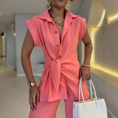 Sleeveless Shirt & Wide-Leg Pant Set | Wovetsa