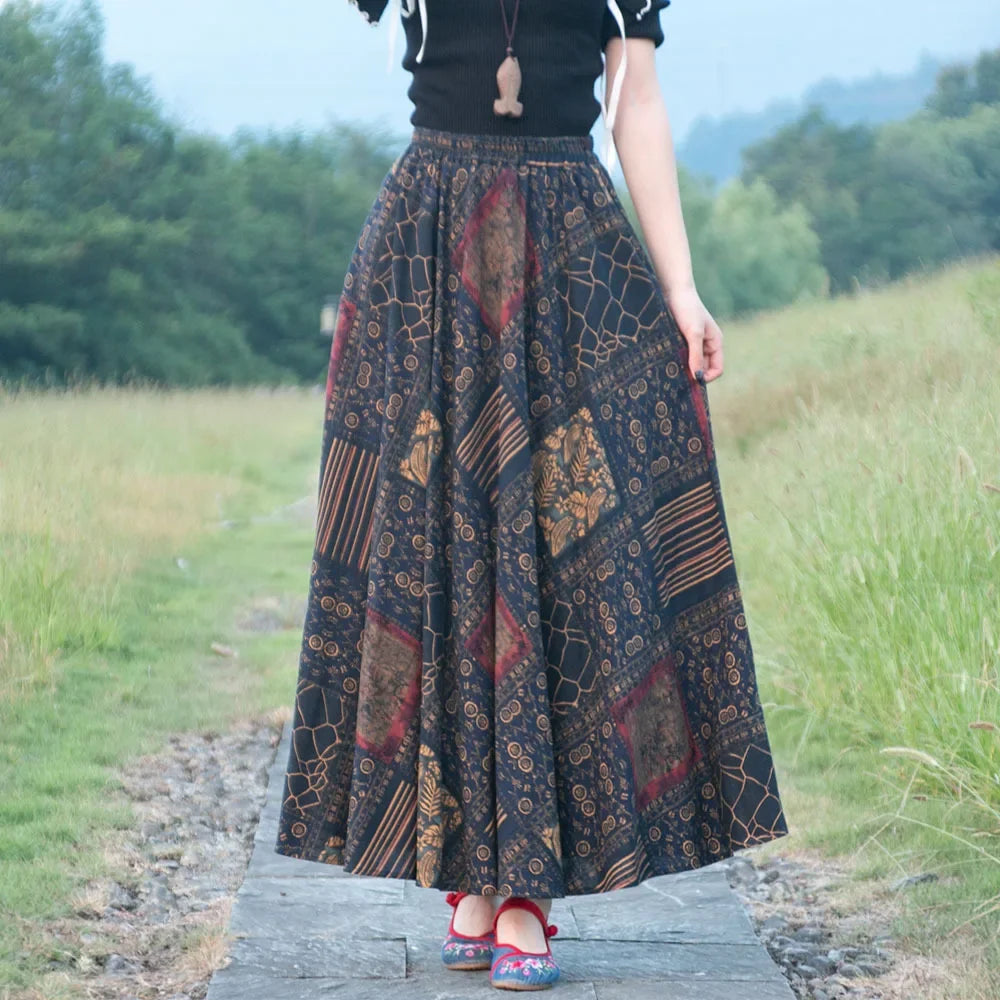 Bohemian Floral Print Cotton Linen Maxi Skirt | Wovetsa