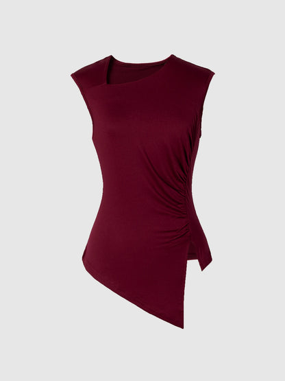 Burgundy Ruched Asymmetric Tank Top | Wovetsa