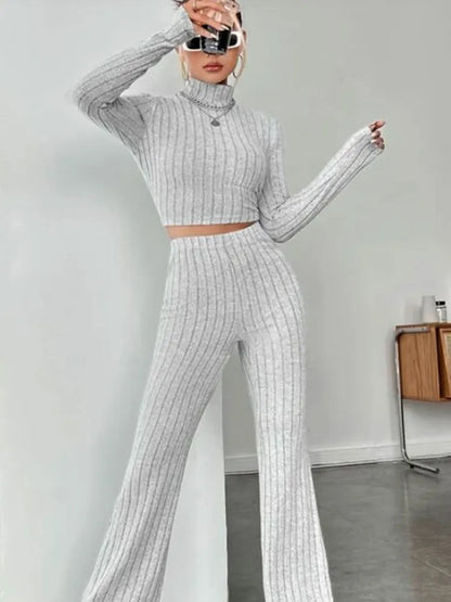 Stand Collar Crop Top & Trumpet Pants Set | Wovetsa