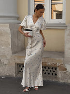 V-Neck Floral Print Flutter Sleeve Maxi Dress | Wovetsa