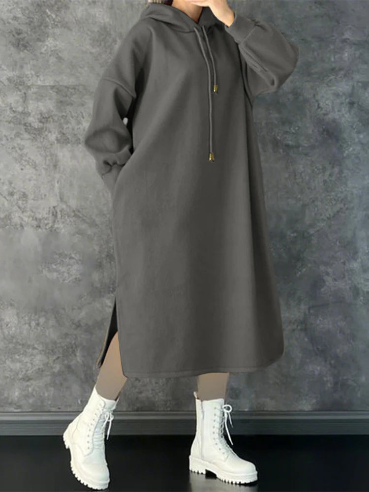 Plus Size 5XL ZANZEA Women Fashion Sweatshirt Dresses Autumn Long Sleeve Hooded Robe Solid Casual Loose Pockets Long Vestidos