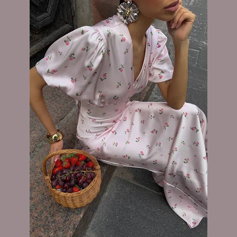 V-Neck Floral Print Flutter Sleeve Maxi Dress | Wovetsa