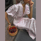 V-Neck Floral Print Flutter Sleeve Maxi Dress | Wovetsa