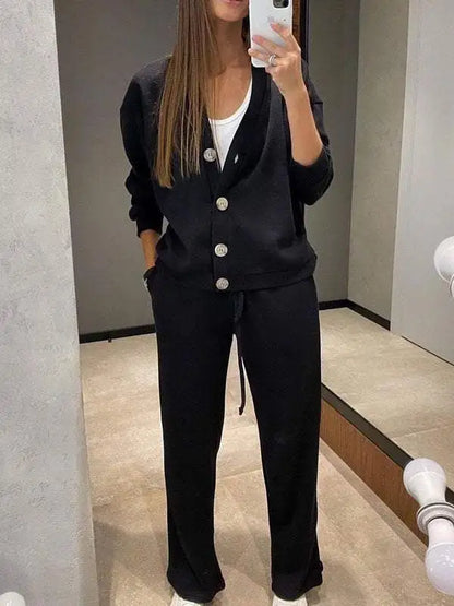 V-Neck Single-Breasted Cardigan & Pants Set | Wovetsa