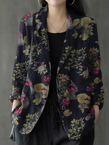 Floral Print Cotton Lapel Blazer Loose Fit | Wovetsa