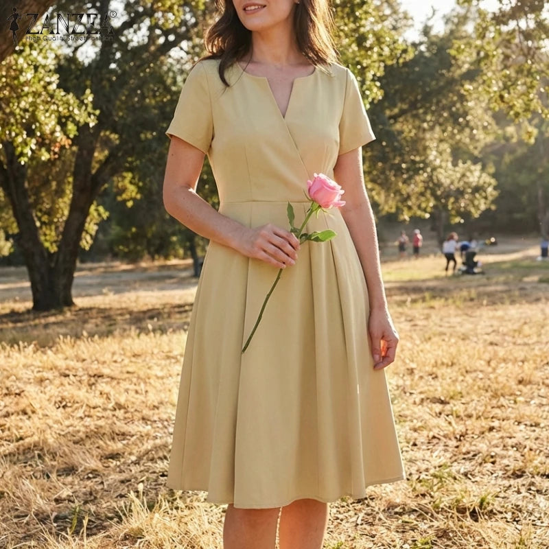 Women's Elegant V Neck A-Line Midi Dress | Short Sleeve Minimal Summer Dress