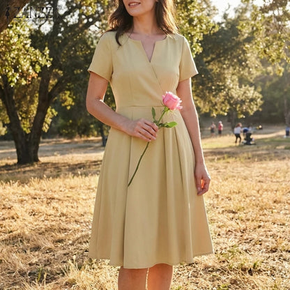 V-Neck A-Line Midi Dress | Wovetsa