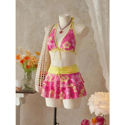 Floral Color Block Triangle Halter 3-Piece Bikini Set | Wovetsa