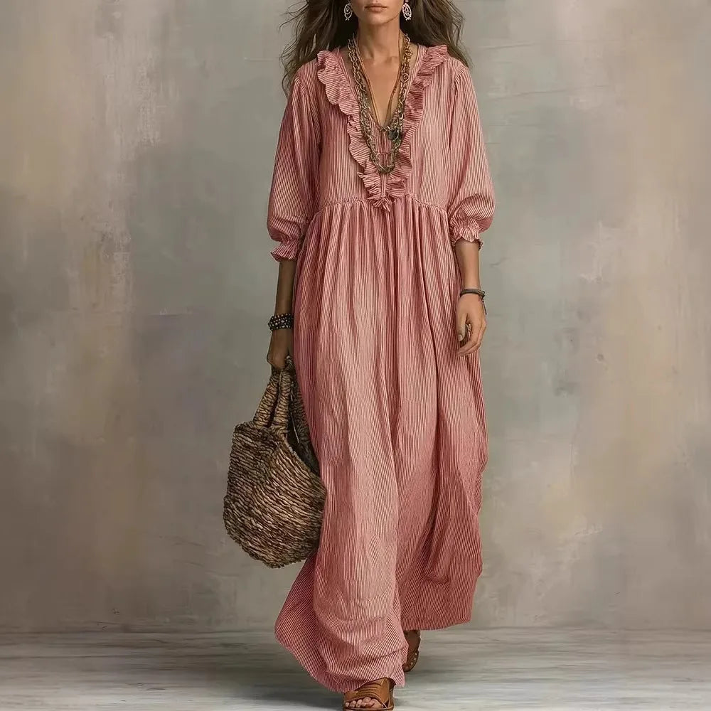Striped Ruffle Lantern Sleeve Maxi Dress | Wovetsa