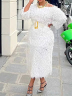 Winter Evening Dress Woman Long Sleeve Off Shoulder White Elegant Dresses with Belt Chic Faux Fur Dress Wholesale Dropshipping
