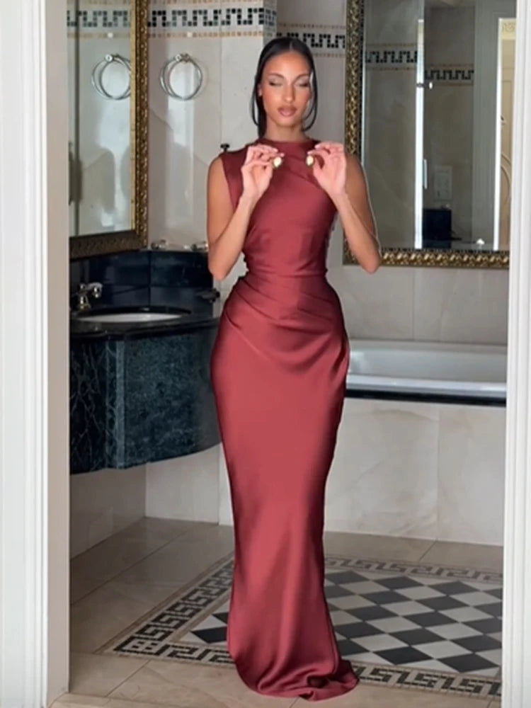 Ruched Waist Satin Fishtail Evening Gown | Wovetsa