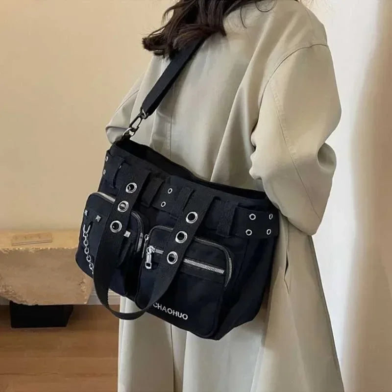 Chain & Rivet Nylon Shoulder Bag | Wovetsa