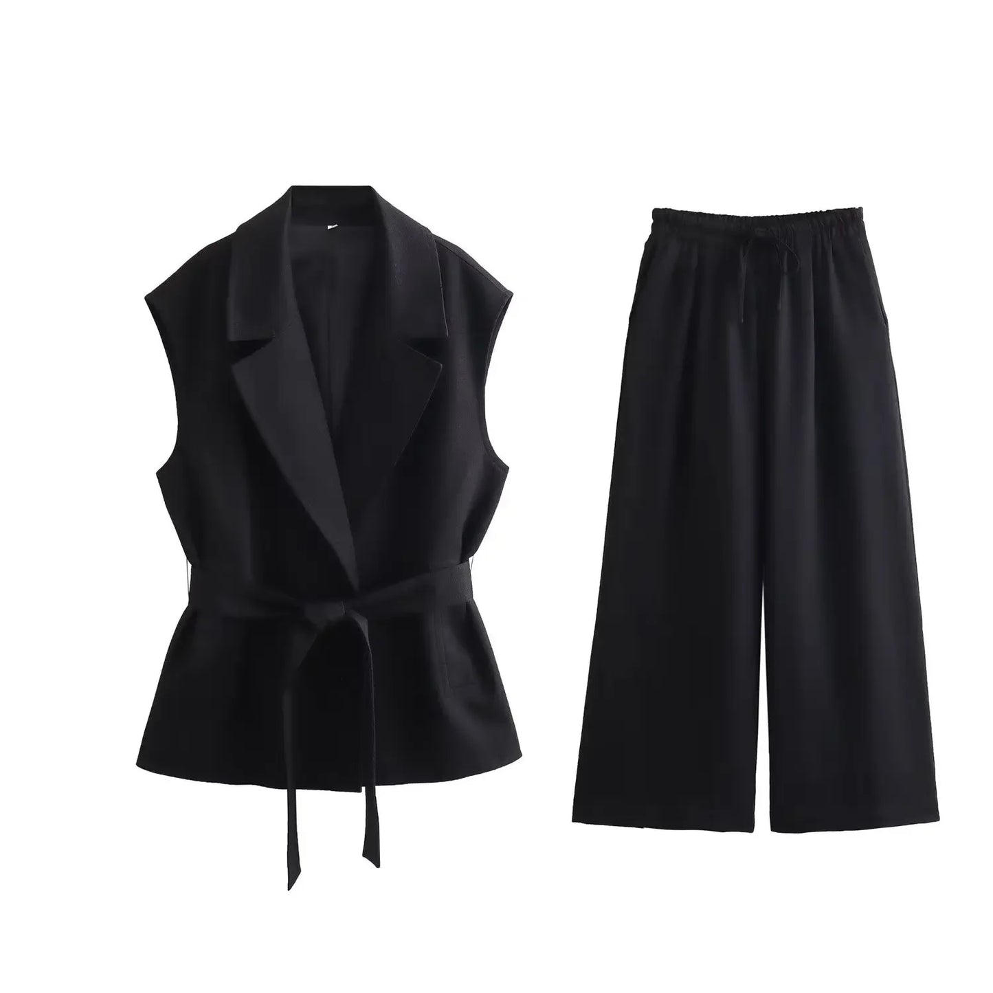 Women's Tailored Two Piece Set – V-Neck Vest & Wide Leg Pants