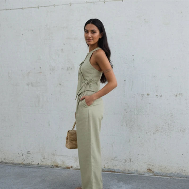 Green Bowknot Wide-Leg Pant Suit | Wovetsa