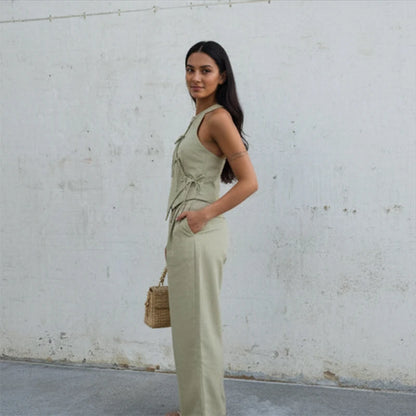 Green Bowknot Wide-Leg Pant Suit | Wovetsa