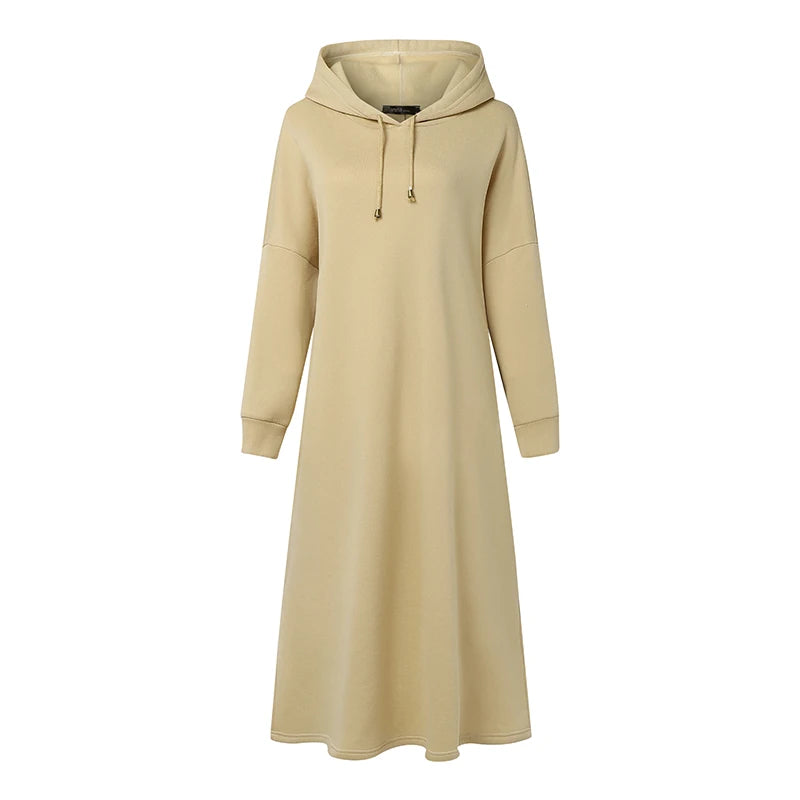 Plus Size 5XL ZANZEA Women Fashion Sweatshirt Dresses Autumn Long Sleeve Hooded Robe Solid Casual Loose Pockets Long Vestidos