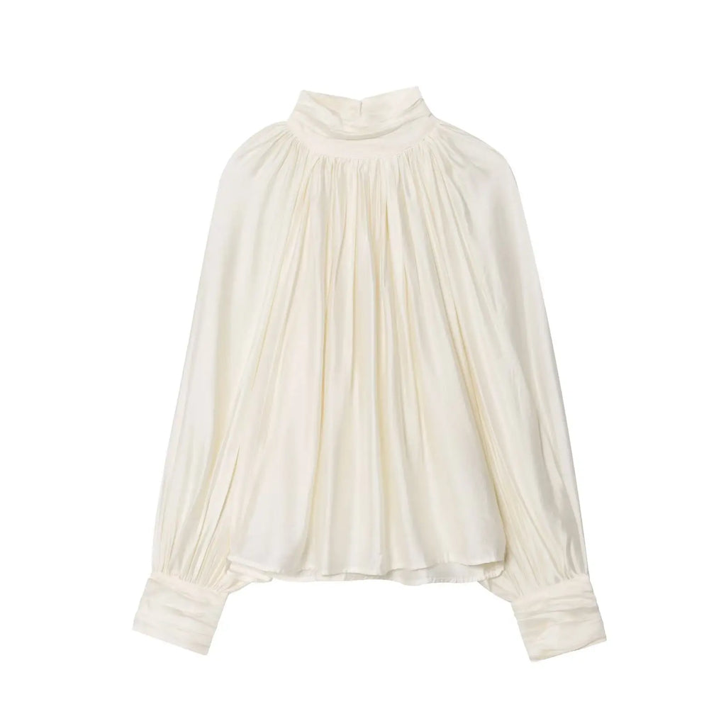HH Women Autumn Fashion Simple Versatile Standing Collar Draped Top Female High Street Temperament Lantern Long Sleeve Shirt