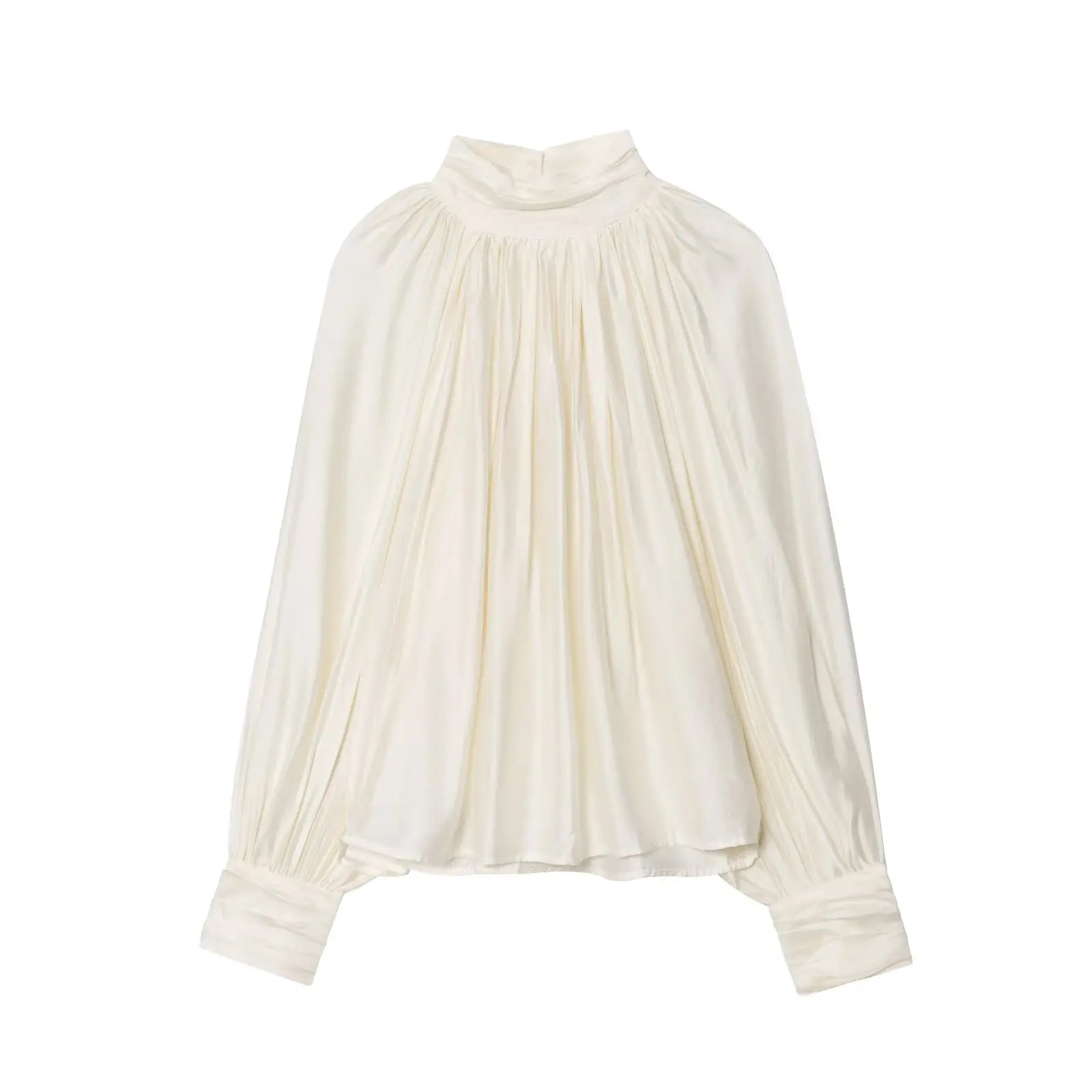 HH Women Autumn Fashion Simple Versatile Standing Collar Draped Top Female High Street Temperament Lantern Long Sleeve Shirt