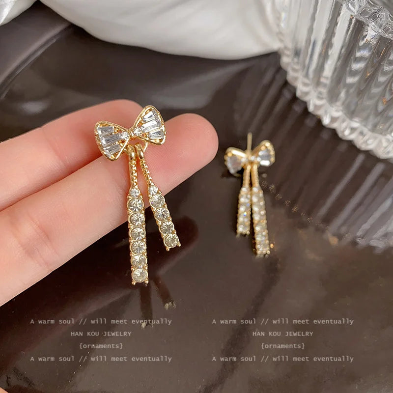 Gold Bow Stud Earrings with Rhinestone | Wovetsa