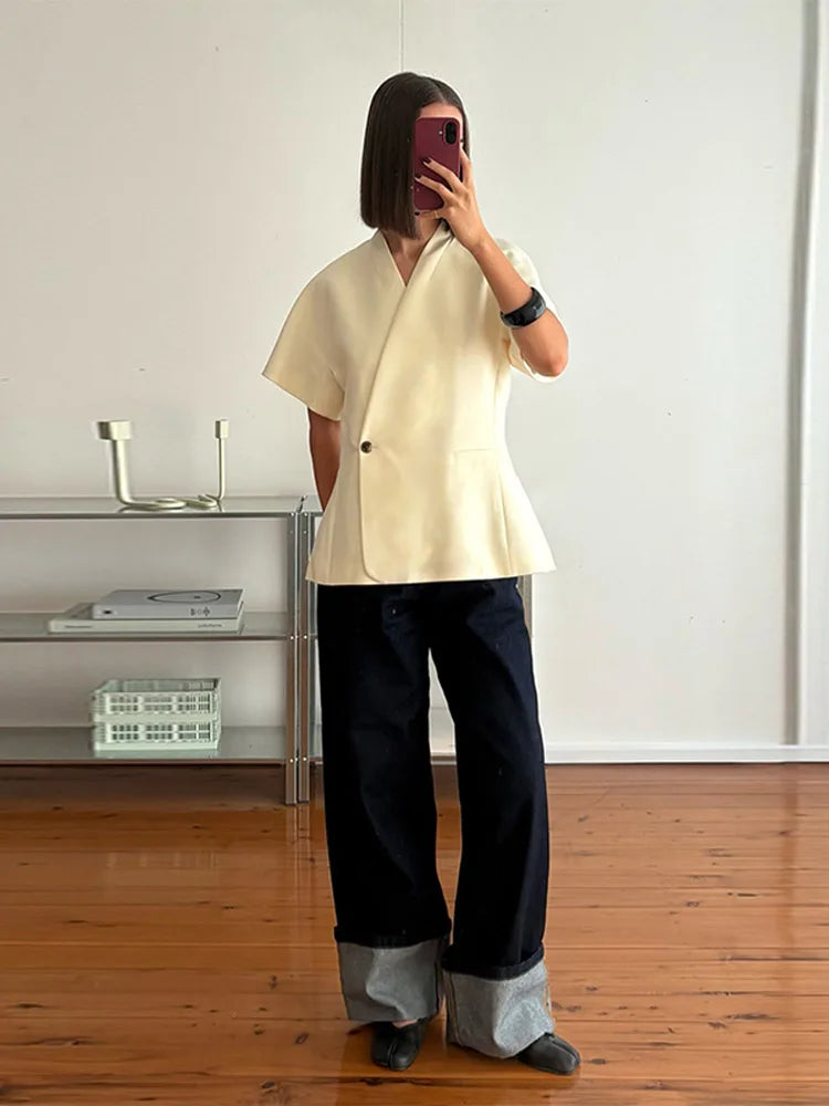 Short Sleeve V-Neck Peplum Blazer | Wovetsa
