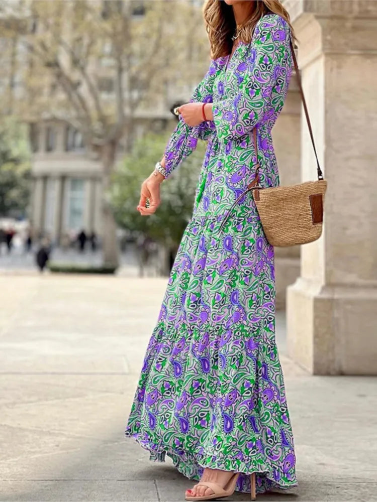 Printed V-Neck Bohemian Maxi Dress | Wovetsa