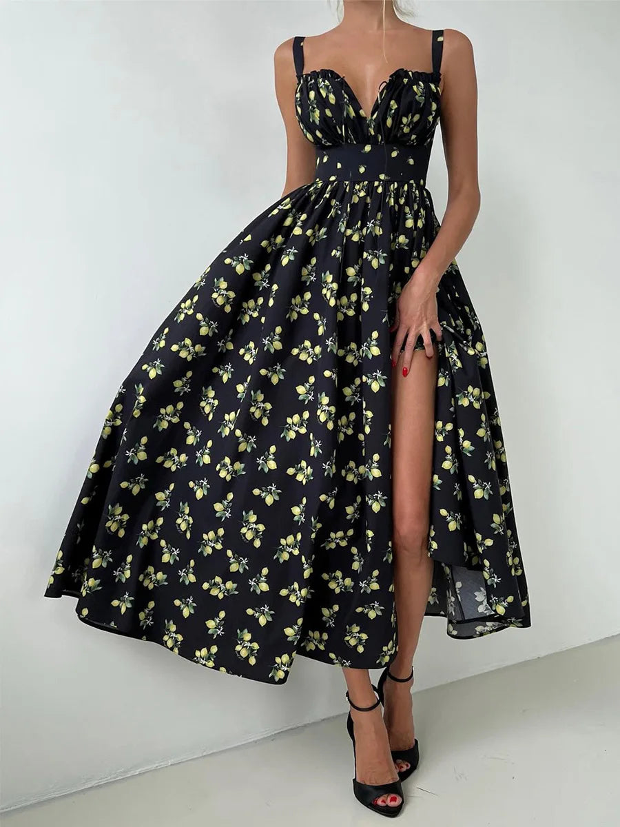 Lemon Print High Waist Slit Cami Maxi Dress | Wovetsa