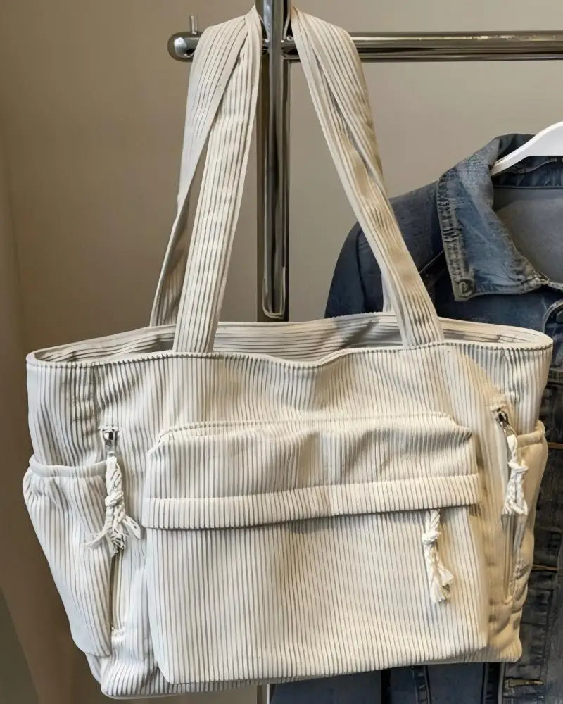 Corduroy Multi-Pocket Shoulder Tote Bag | Wovetsa