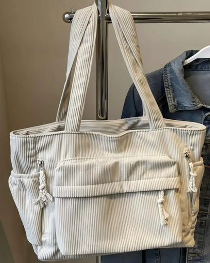Corduroy Multi-Pocket Shoulder Tote Bag | Wovetsa