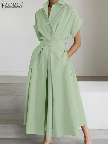 Short Sleeve Button-Down A-Line Midi Dress | Wovetsa