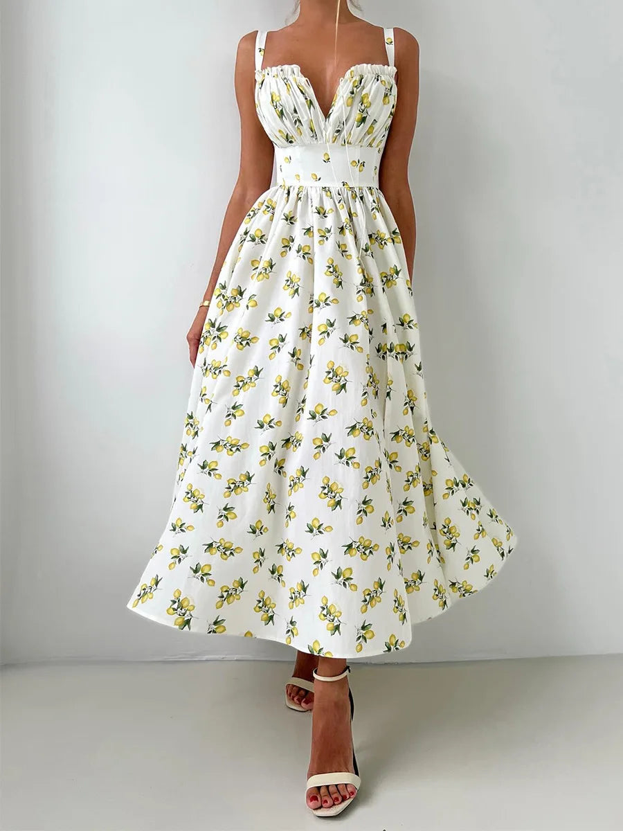 Lemon Print High Waist Slit Cami Maxi Dress | Wovetsa
