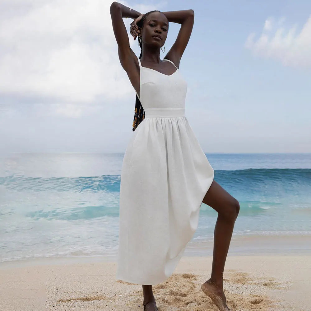 Backless Cotton V-Neck Maxi Dress | Wovetsa