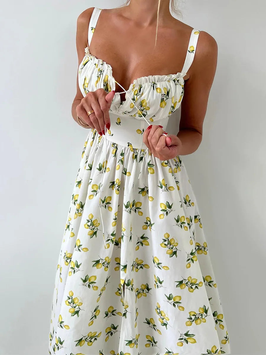 Lemon Print High Waist Slit Cami Maxi Dress | Wovetsa