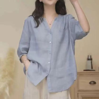 Loose V-Neck Three-Quarter Sleeve Blouse | Wovetsa