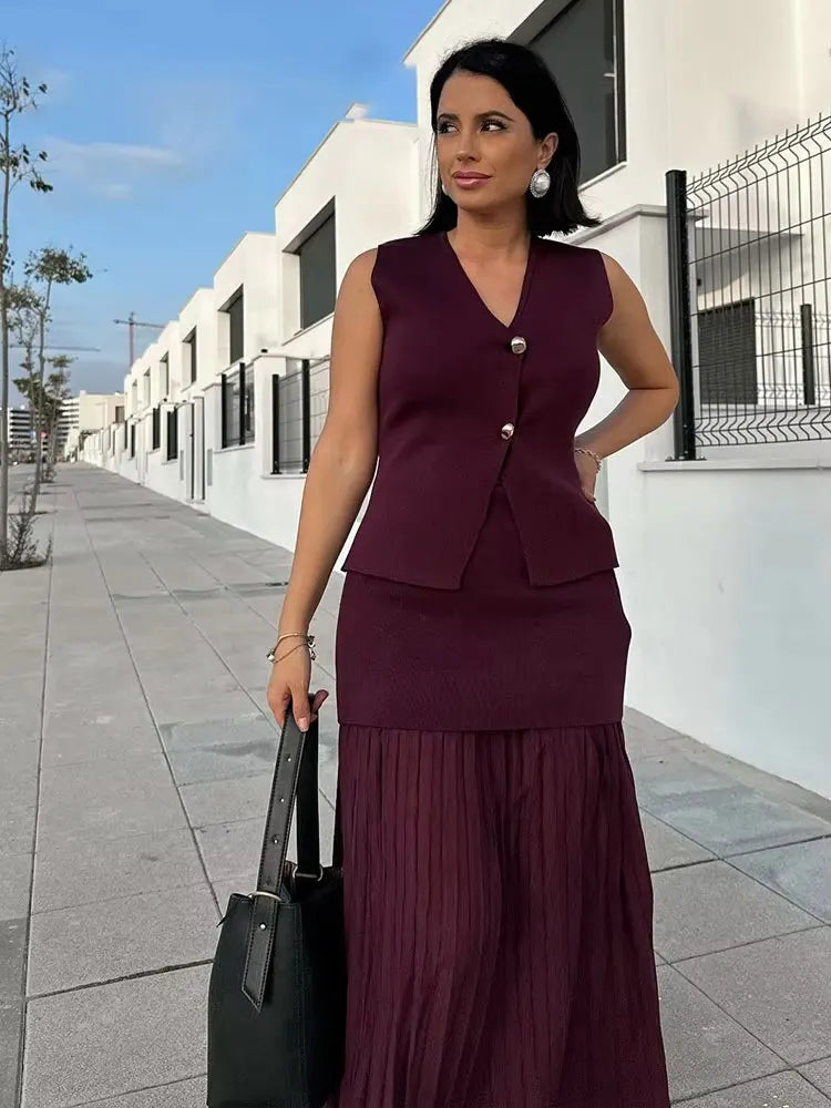Women's Knit V-Neck Vest & Long Skirt Two Piece Set | Wovetsa