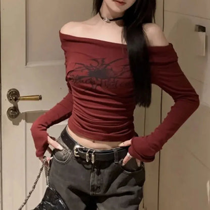 Y2K Gothic Off-Shoulder Flare Sleeve Top | Wovetsa