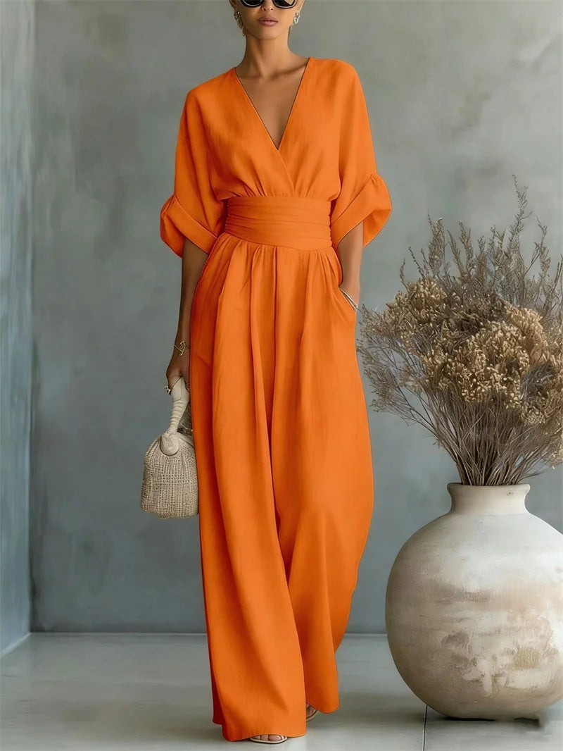 Ruched V-Neck Wide-Leg Jumpsuit | Wovetsa