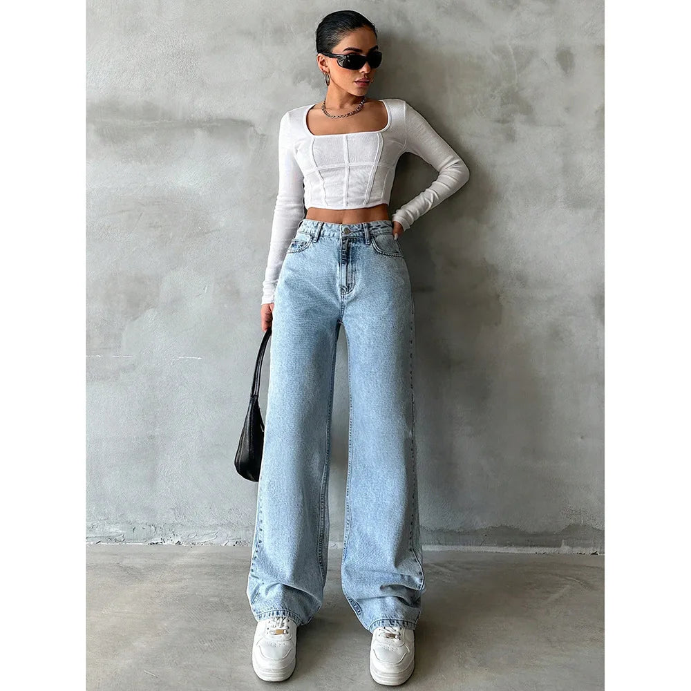 Women's High Waist Wide Leg Jeans – Vintage Wash Full Length Denim Pants
